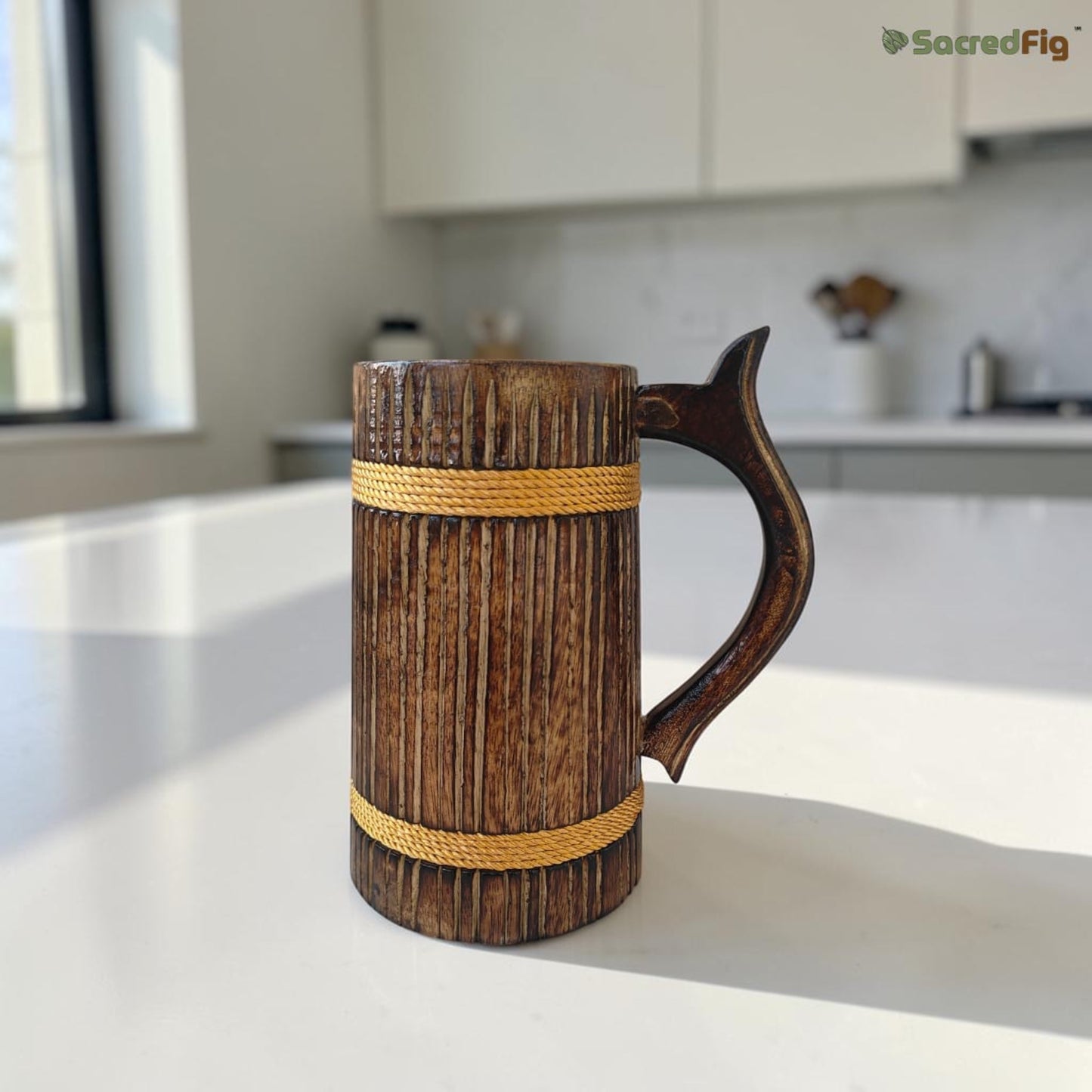 SacredFig Handcrafted Wooden Mug (500ml) – Large Striped Design with Golden Round Detail | Elegant Finish