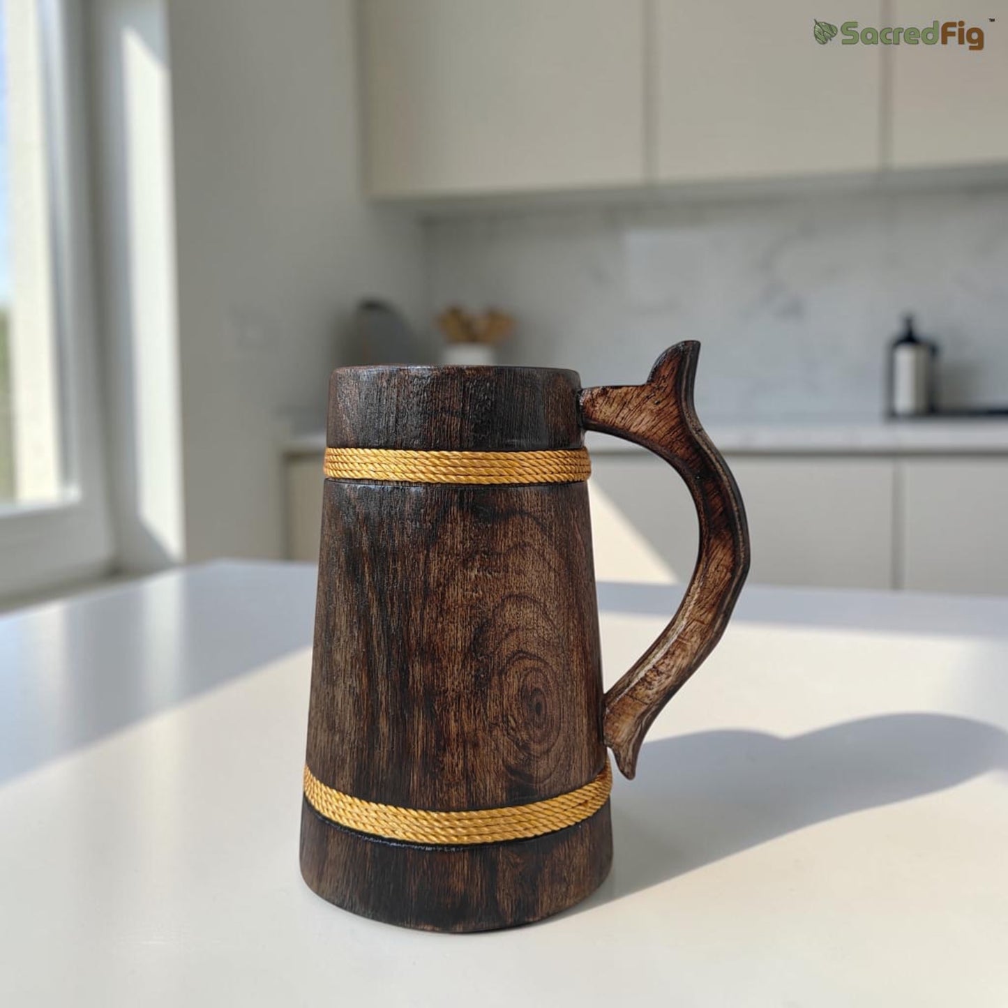 SacredFig Wooden Mug (500ml) | Vintage Style Coffee Mug with Golden Round Design | Handcrafted Elegant Matte Finish