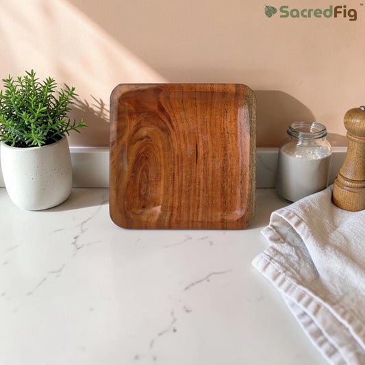 SacredFig Handcrafted Wooden Serving Plate  | 7.5 x 7.5 In | Teak Wood  Dining & Snack Plate