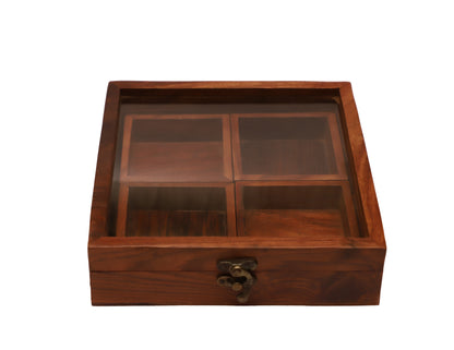 SacredFig Sheesham Wood Multipurpose Box | 4 removable compartments, Black latch - 8x8 in