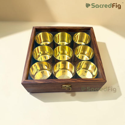 SacredFig Brass & Sheesham Wood Masala Box | Handcrafted Spice Box | 8.5 Inches