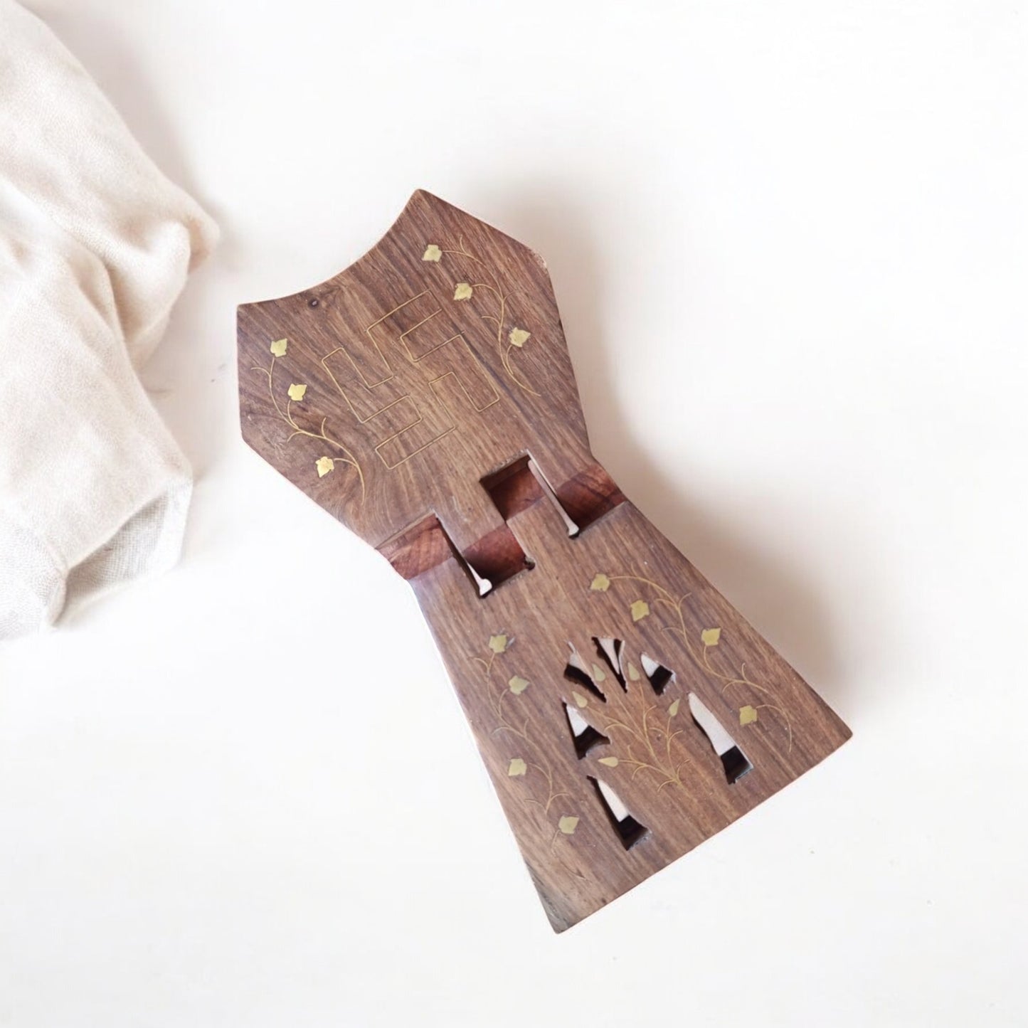 SacredFig Sheesham Wood Book Holder with brass work| Jain Rehal, Jain Religious Book Stand| 9 × 4 in