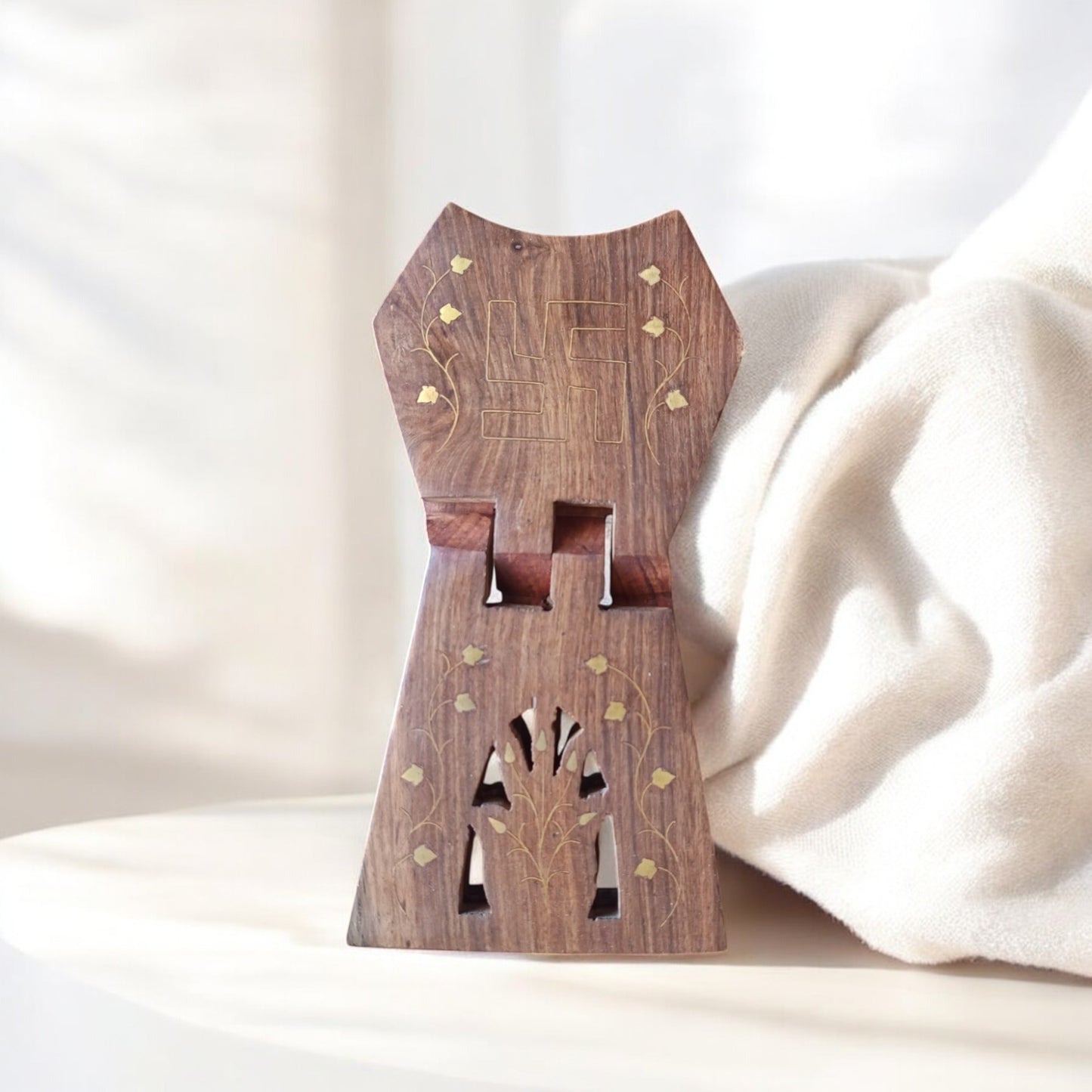 SacredFig Sheesham Wood Book Holder with brass work| Jain Rehal, Jain Religious Book Stand| 9 × 4 in