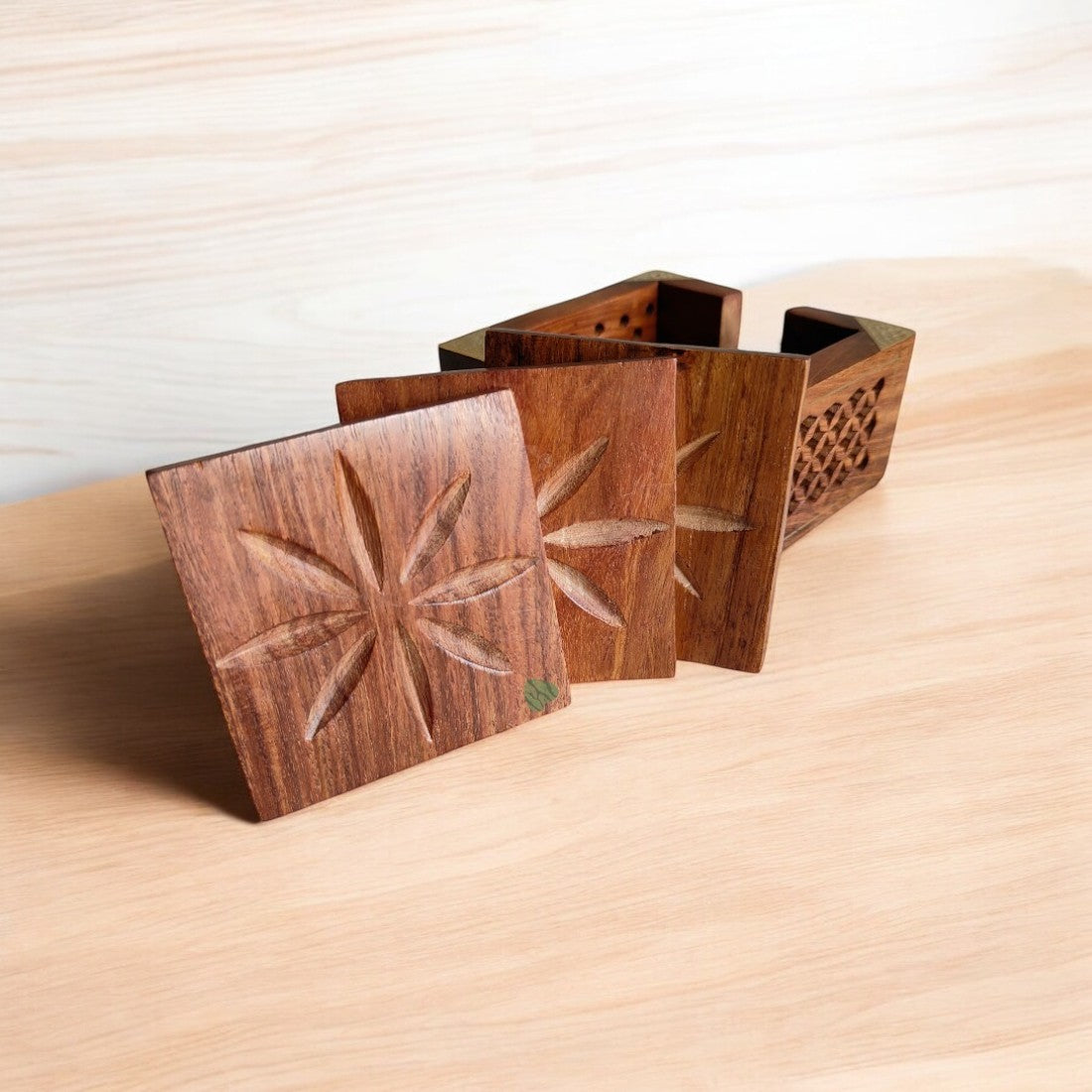 Wooden Coaster Set for Office & Home Table | Square Shape with Brass Work (SC401) | 4×4 in