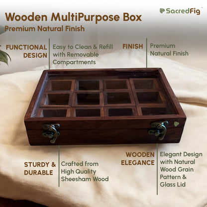 Sheesham Wood Multipurpose Box for Kitchen and Table | 12 Removable compartments | 18 × 10 in