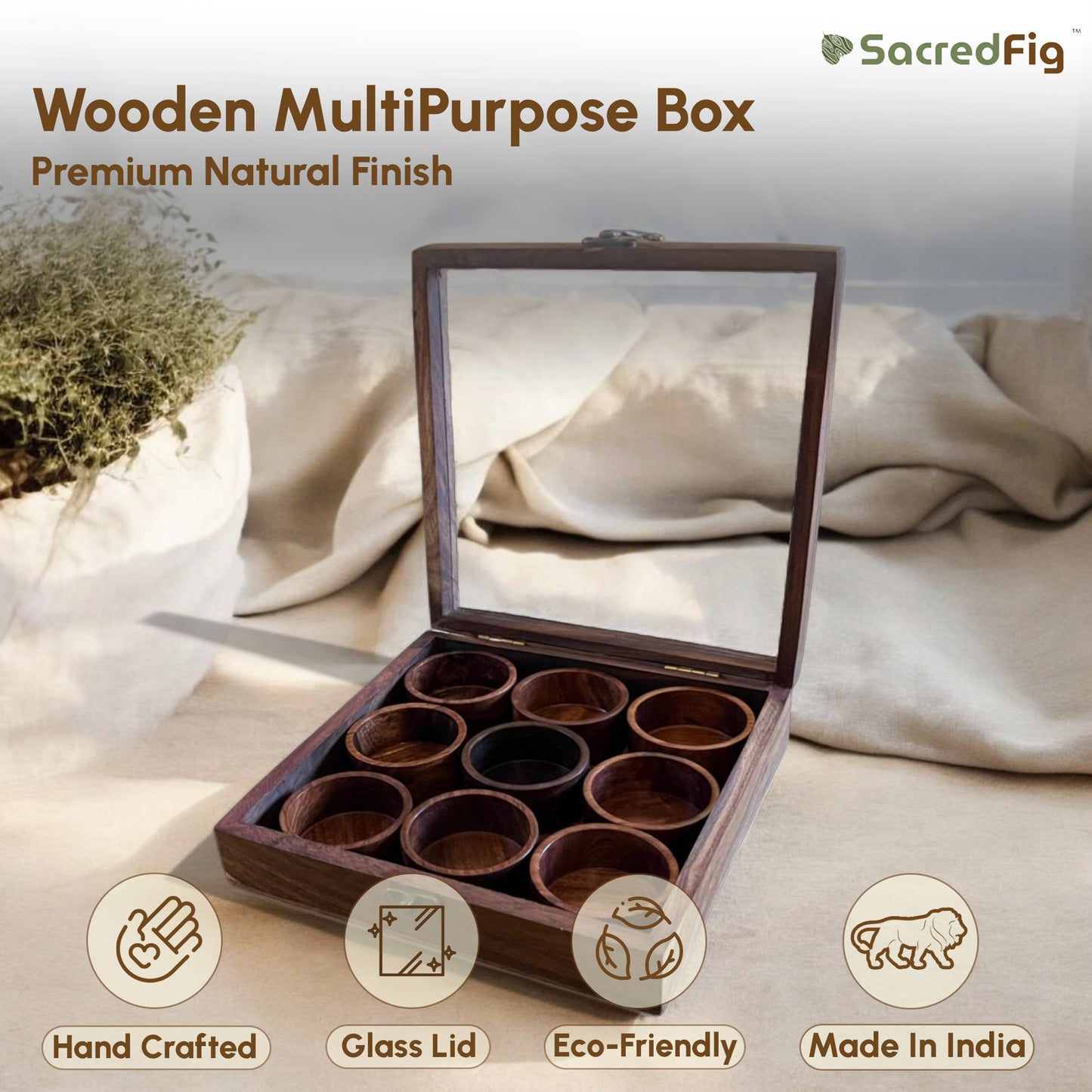 SacredFig Sheesham Wood Premium Storage Box | 9 removable round compartments | Multipurpose Storage Box | 8×8 in