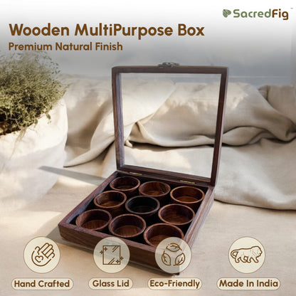 SacredFig Sheesham Wood Premium Storage Box | 9 removable round compartments | Multipurpose Storage Box | 8×8 in