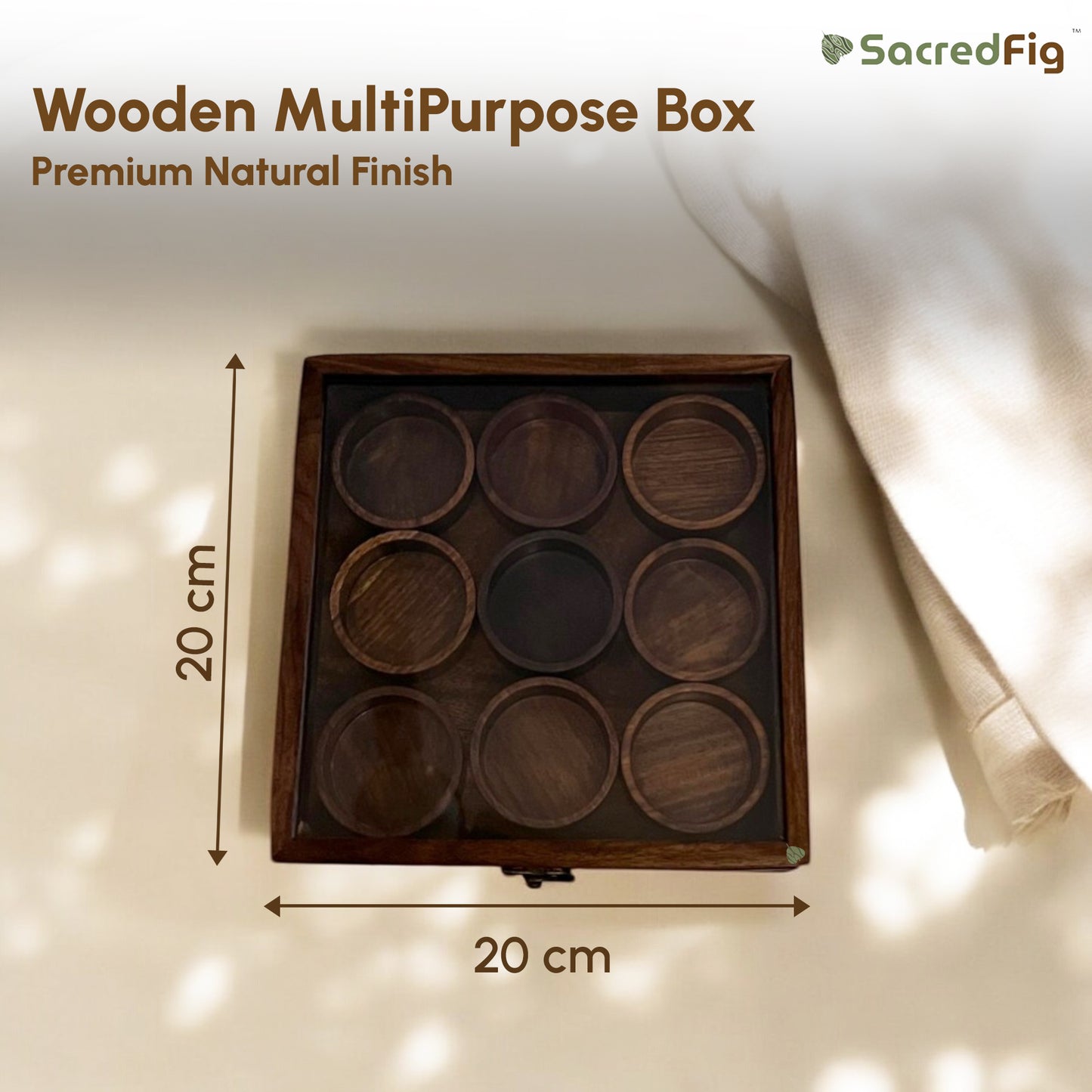 SacredFig Sheesham Wood Premium Storage Box | 9 removable round compartments | Multipurpose Storage Box | 8×8 in
