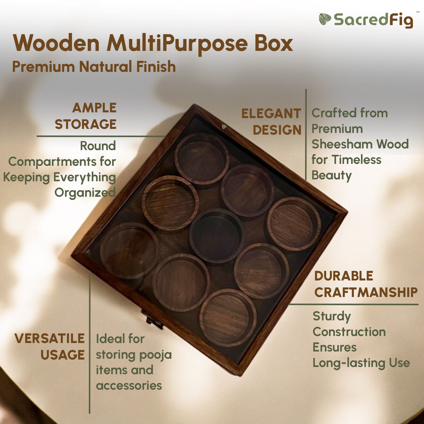 SacredFig Sheesham Wood Premium Storage Box | 9 removable round compartments | Multipurpose Storage Box | 8×8 in