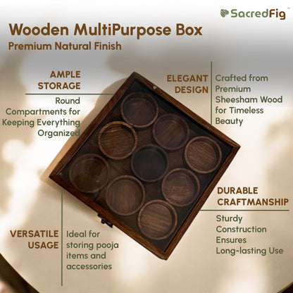 SacredFig Sheesham Wood Premium Storage Box | 9 removable round compartments | Multipurpose Storage Box | 8×8 in