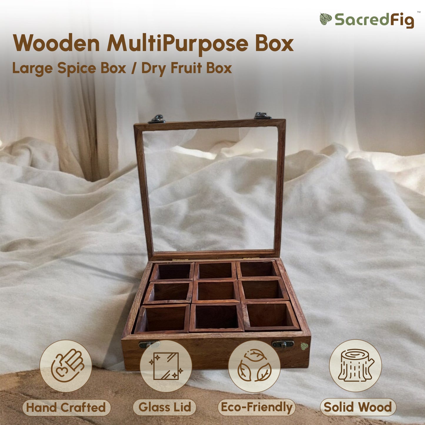 Sheesham Wood Masala Box Large 10x10 in | Removable 9 compartments | Handcrafted Large Wooden Spice Box