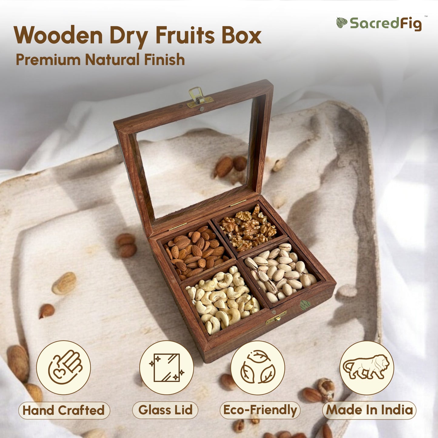 Sheesham Wood Multipurpose Box for Kitchen and Table | 4 Removable compartments | 8×8 in