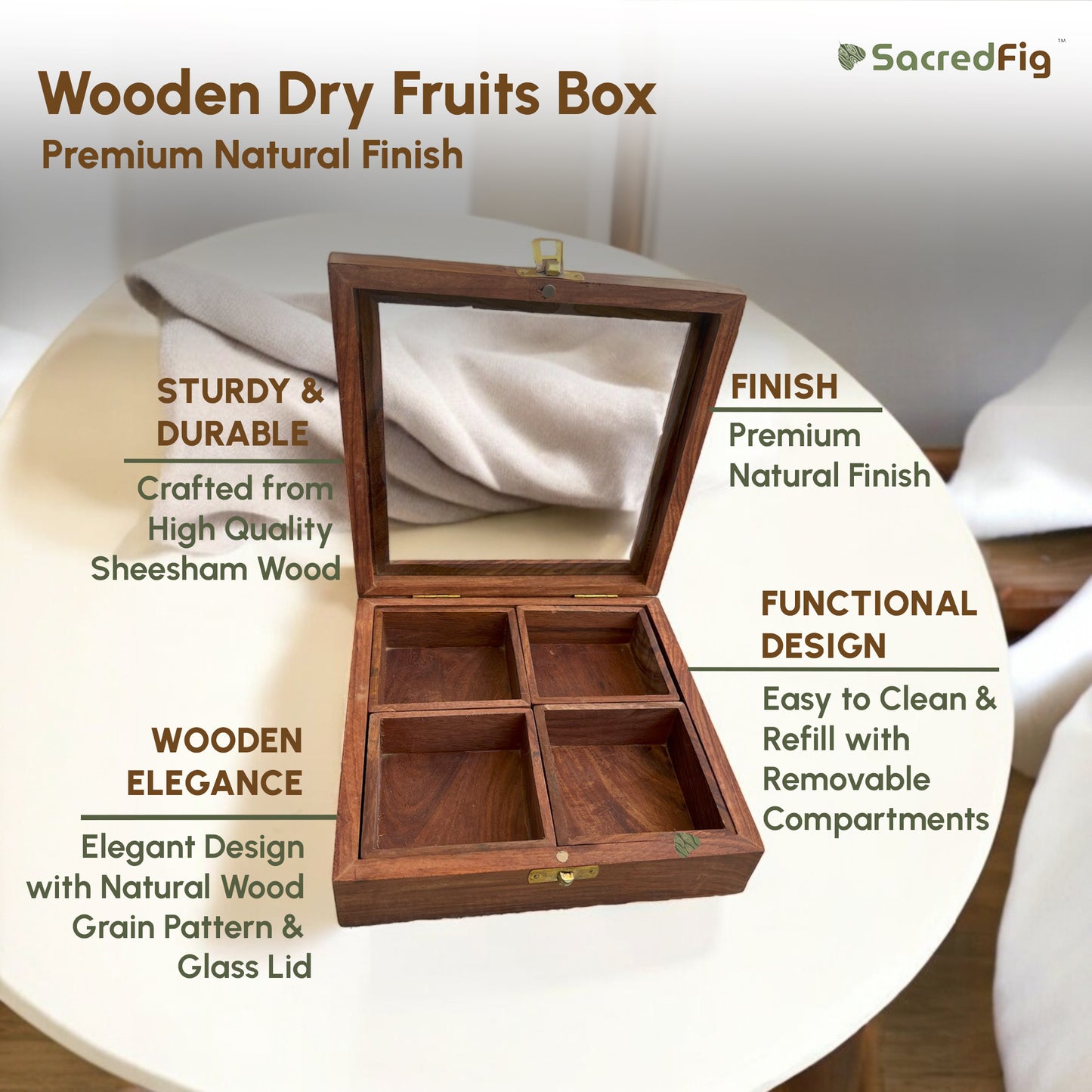 Sheesham Wood Multipurpose Box for Kitchen and Table | 4 Removable compartments | 8×8 in
