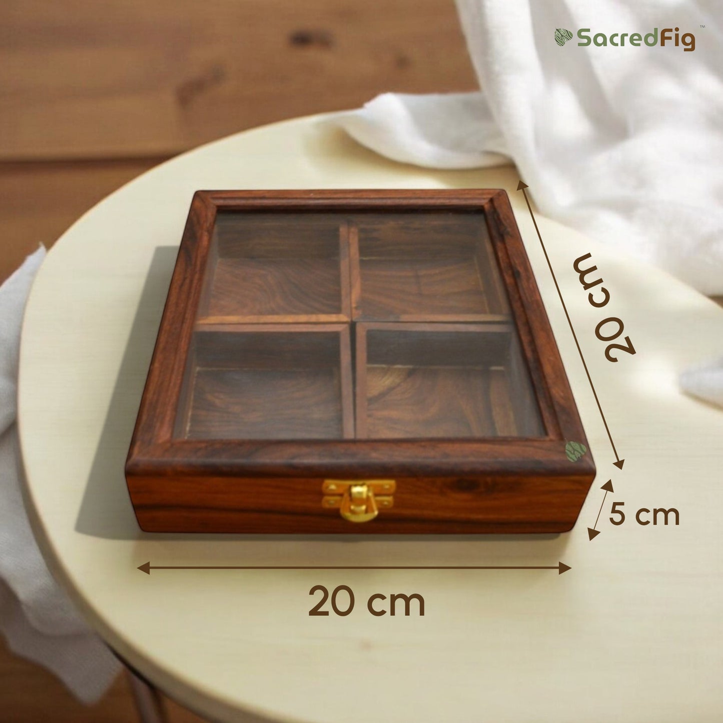 Sheesham Wood Multipurpose Box for Kitchen and Table | 4 Removable compartments | 8×8 in