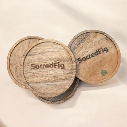 SacredFig Wooden Coasters | Natural, Rustic Wood Finish | 10 cm (d), set of 4