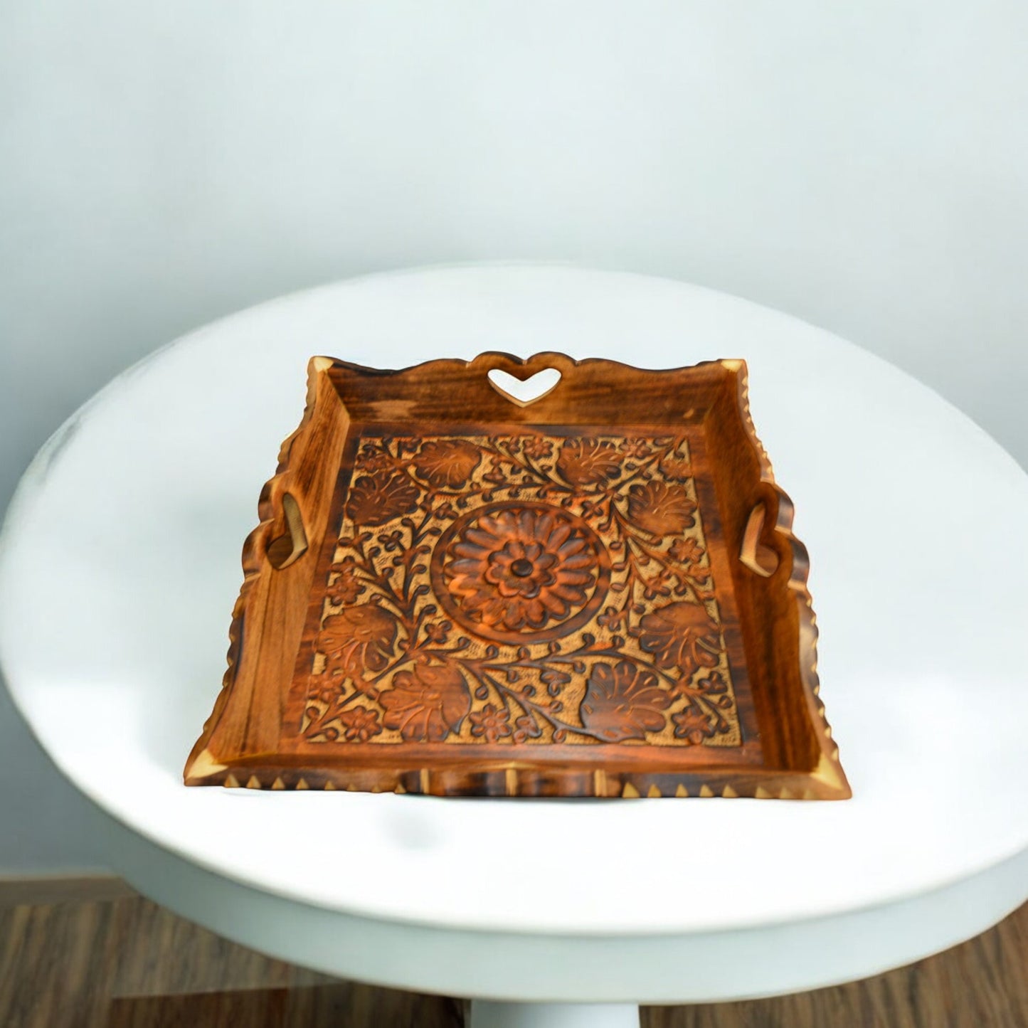 Wooden Serving Tray | Floral Carving - Set of 3 Trays