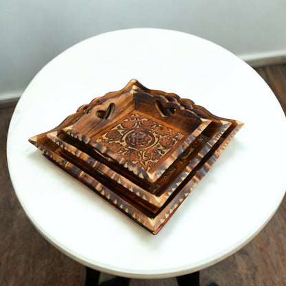 Wooden Serving Tray | Floral Carving - Set of 3 Trays