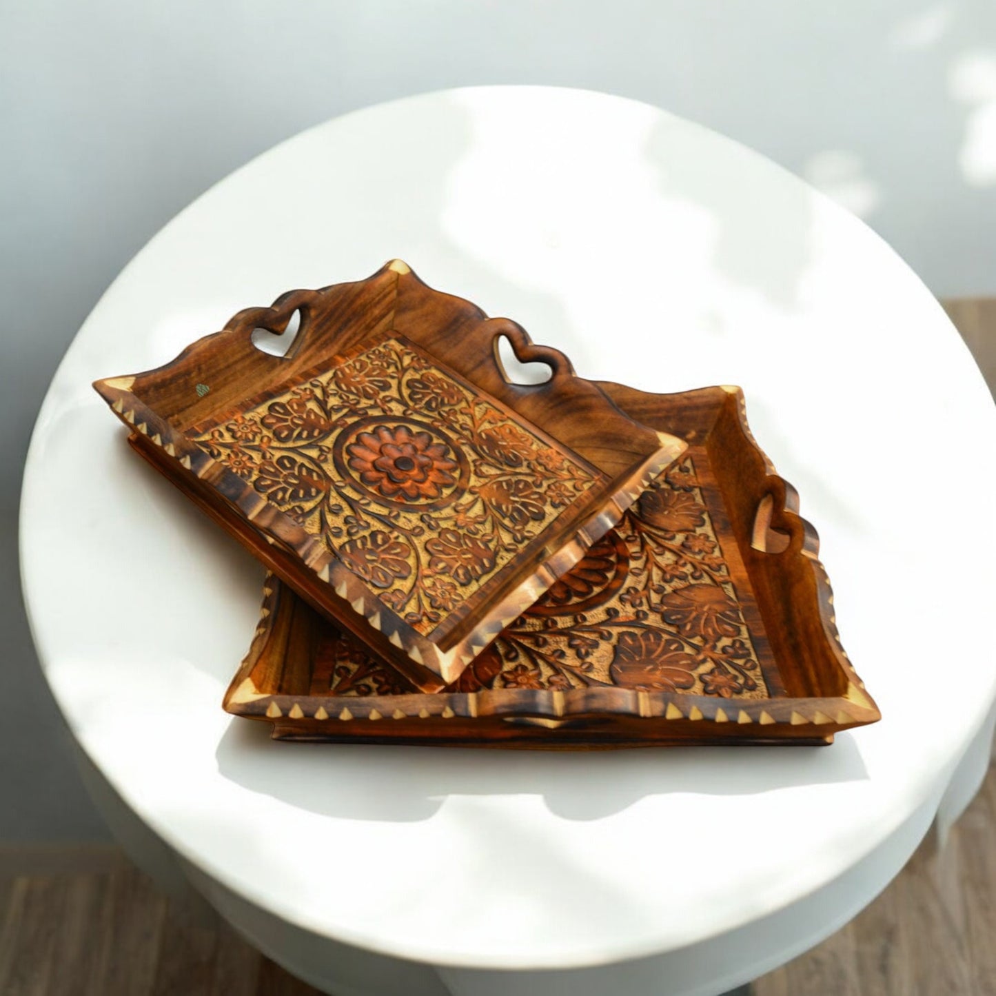 Wooden Serving Tray | Floral Carving - Set of 3 Trays