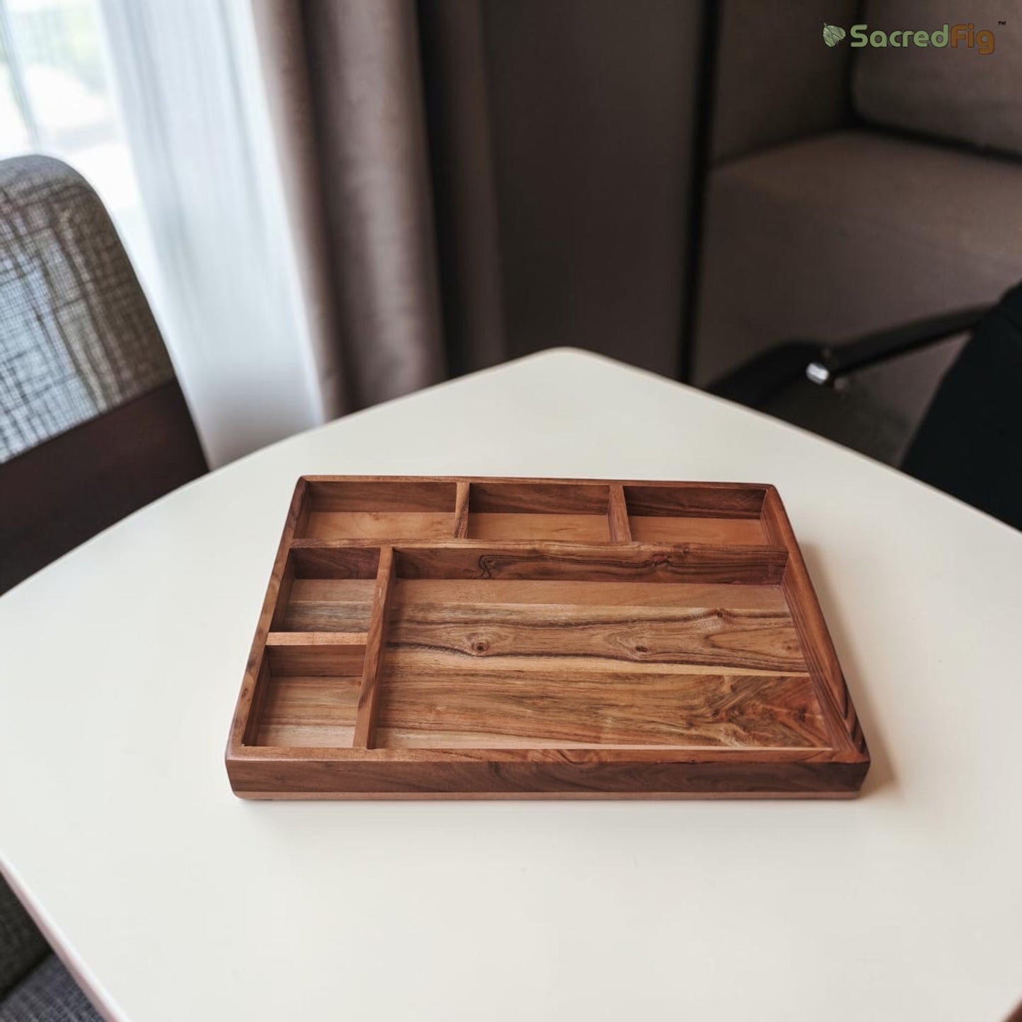 SacredFig Acacia Wood Compartment Organizer Tray (18 x 12 in) – Multi-Section Storage for Hotels & Homes