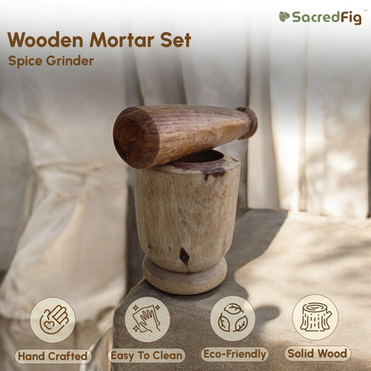 SacredFig Plain Wooden Mortar| Okhli set Plain| Masala Grinder|S,M Sizes
