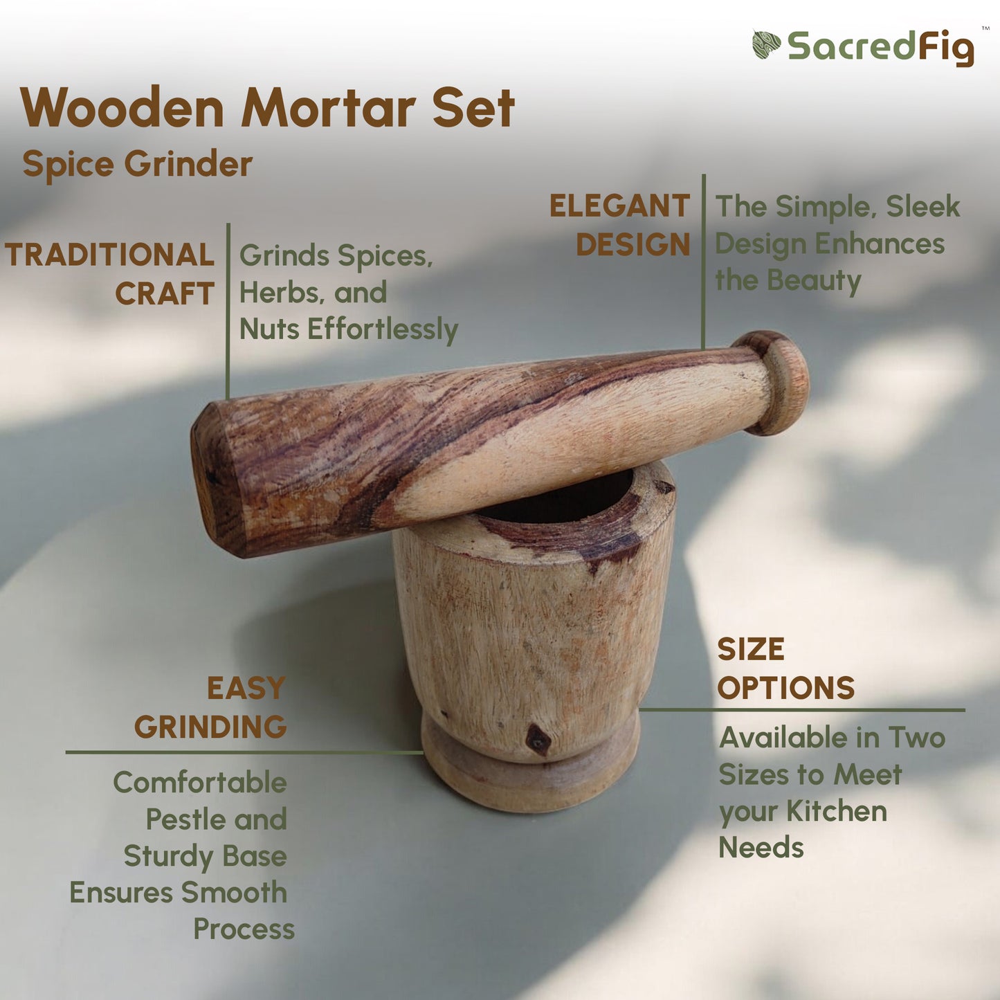 SacredFig Plain Wooden Mortar| Okhli set Plain| Masala Grinder|S,M Sizes