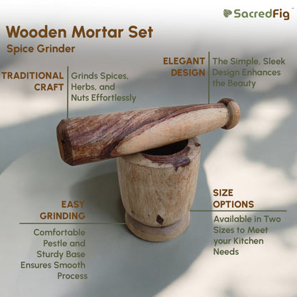 SacredFig Plain Wooden Mortar| Okhli set Plain| Masala Grinder|S,M Sizes