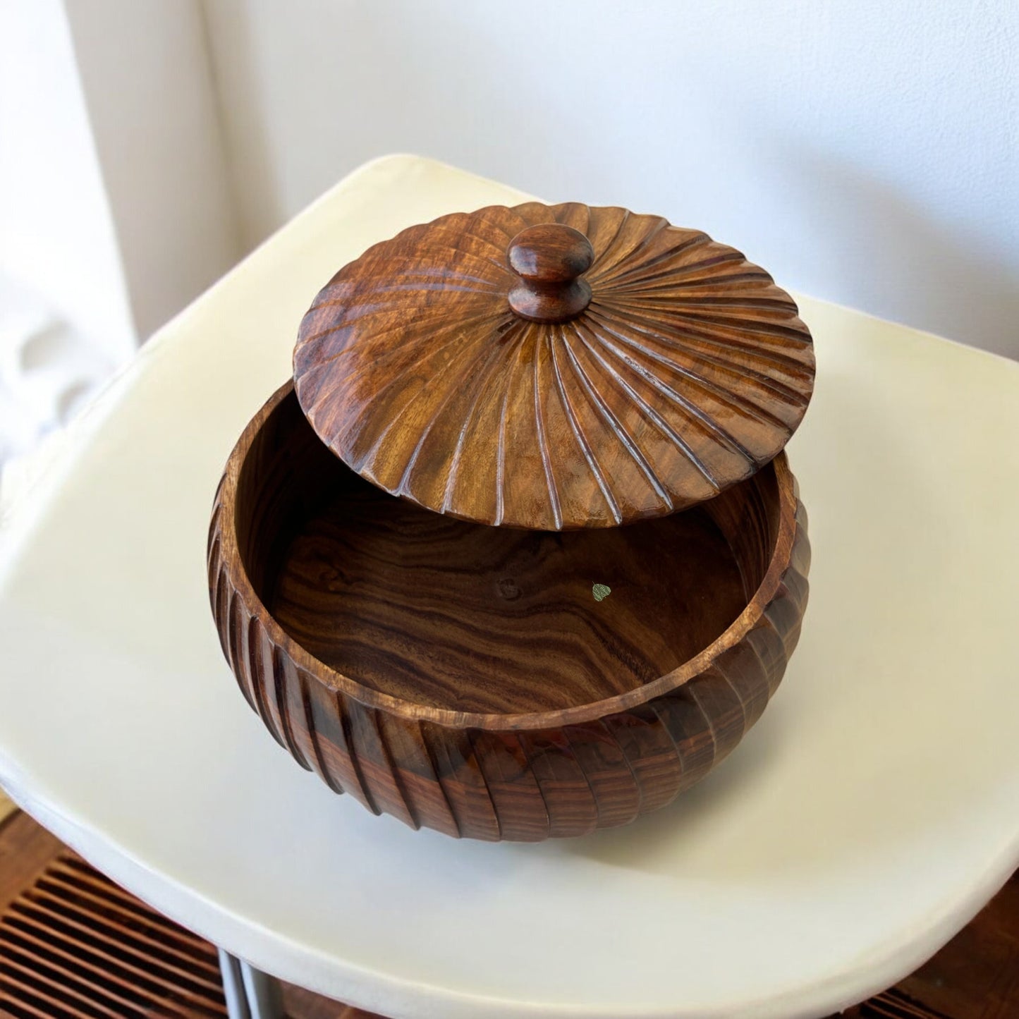 SacredFig Sheesham Wood Chapati Box – 20 cm | Handcrafted Roti Hot Case with Lid | Elegant Kitchen & Dining Storage