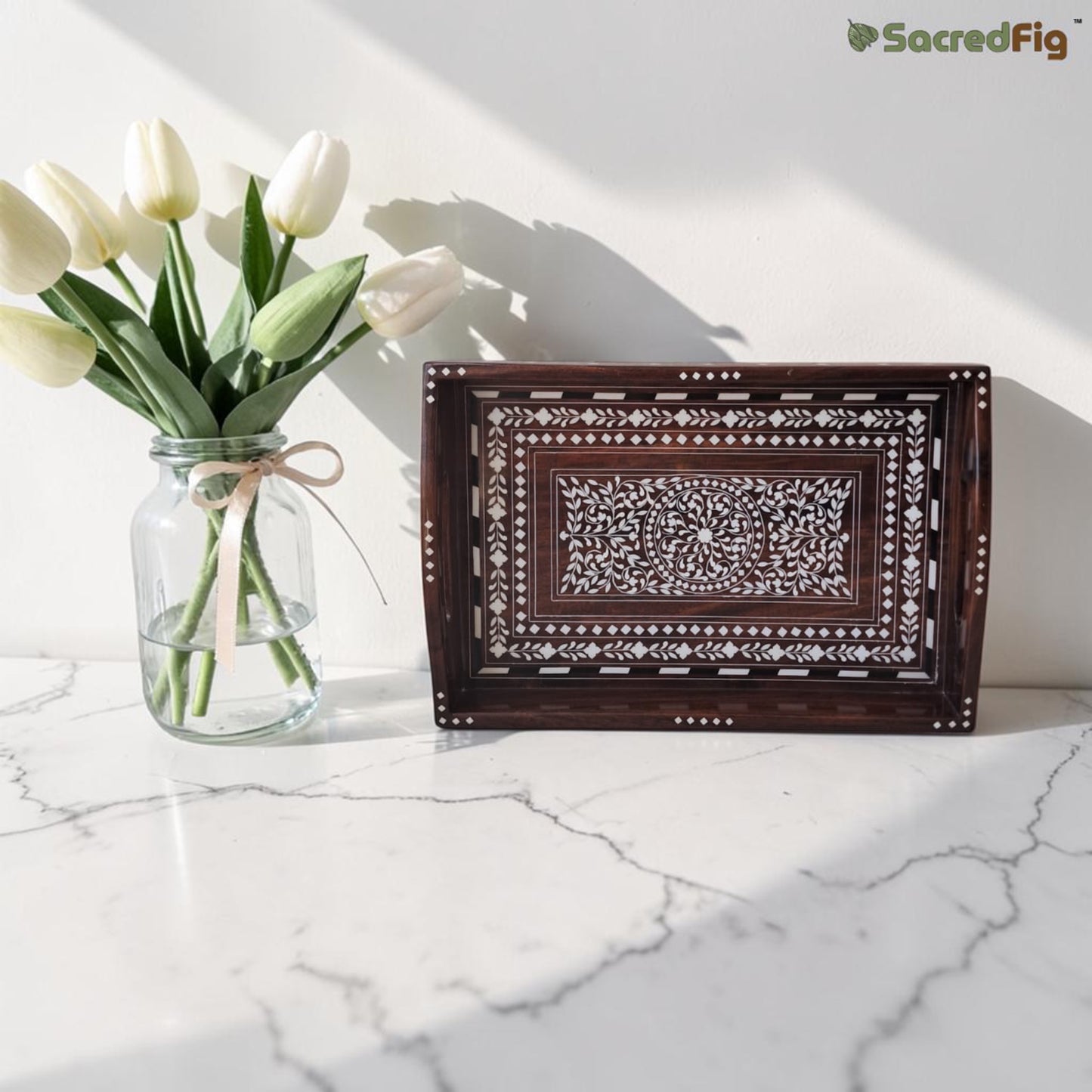 SacredFig Sheesham Wood Inlay Tray (Heritage Inlay Collection) | 13x9 in | Handcrafted Premium Tray | Decor & Gifting