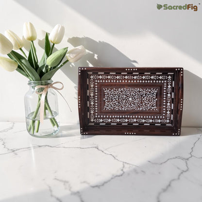 SacredFig Sheesham Wood Inlay Tray (Heritage Inlay Collection) | 13x9 in | Handcrafted Premium Tray | Decor & Gifting