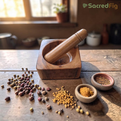 SacredFig Wooden Mortar & Pestle set | Okhli Musal for Grinding Spices, Masala Grinder | Acacia wood