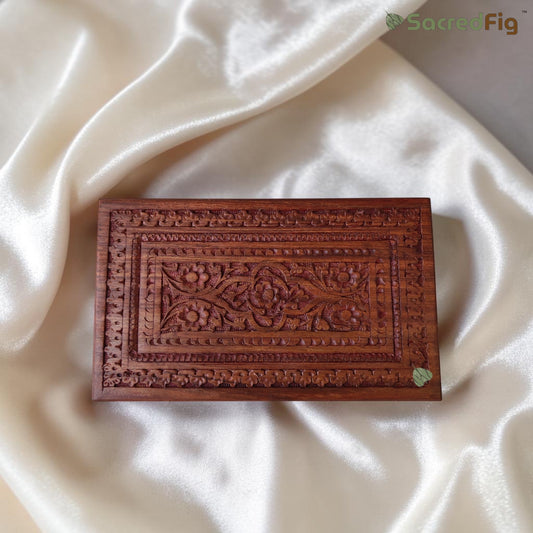 SacredFig Sheesham Wood Regal Gift Box, Floral Carving (10x6 inches)