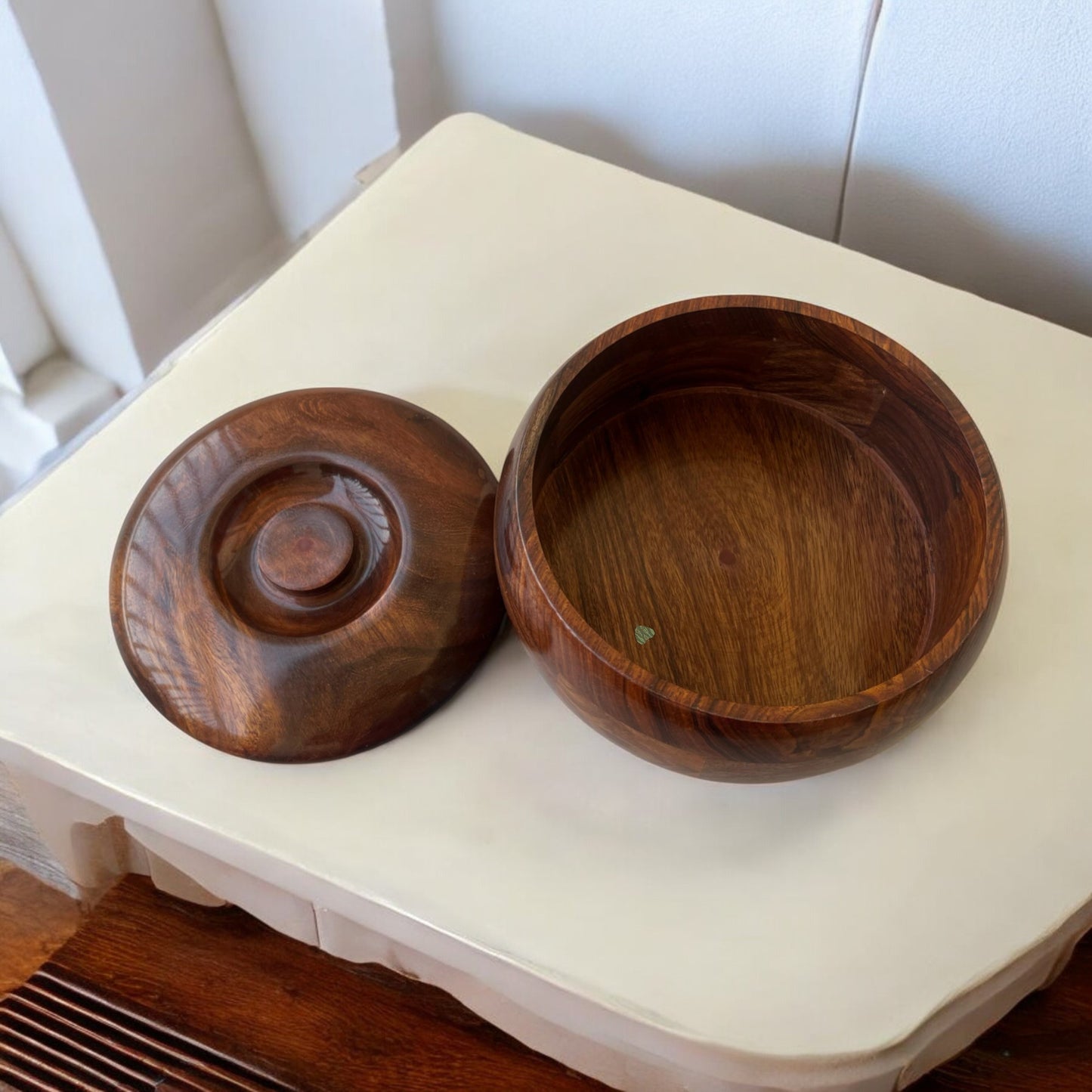 SacredFig Sheesham Wood Chapati Box – 20cm | Handcrafted with Smooth Finish & Lid | Elegant Roti Hot Case for Dining Table