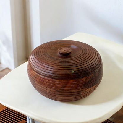 SacredFig Sheesham Wood Roti Box – 20cm | Spiral Carving | Premium Handcrafted Hot Case with Lid