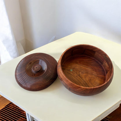 SacredFig Sheesham Wood Roti Box – 20cm | Spiral Carving | Premium Handcrafted Hot Case with Lid