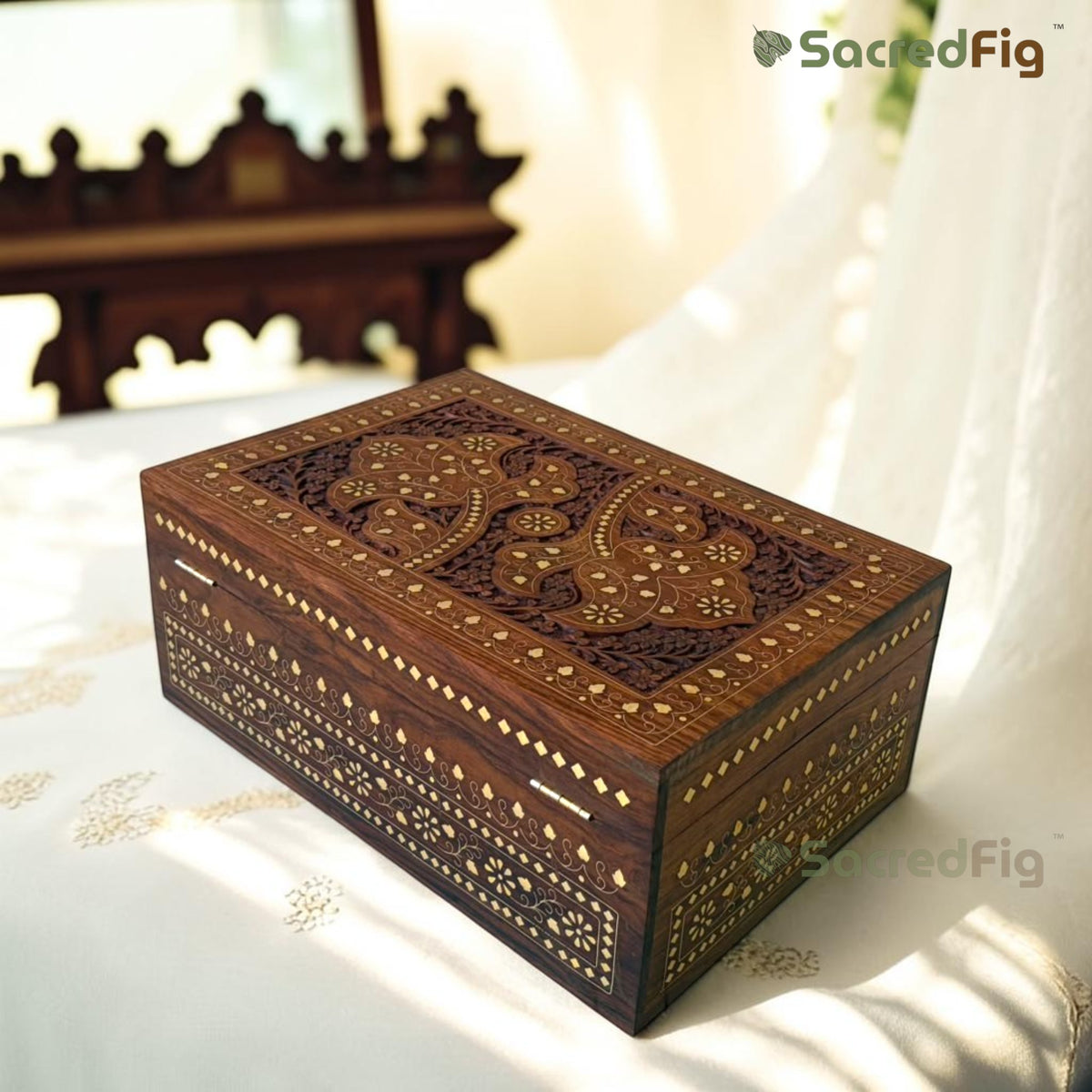 SacredFig Premium Jewellery Box – 15x10 Inch | Noor Brass Inlay Box | Handcrafted Heirloom Organizer