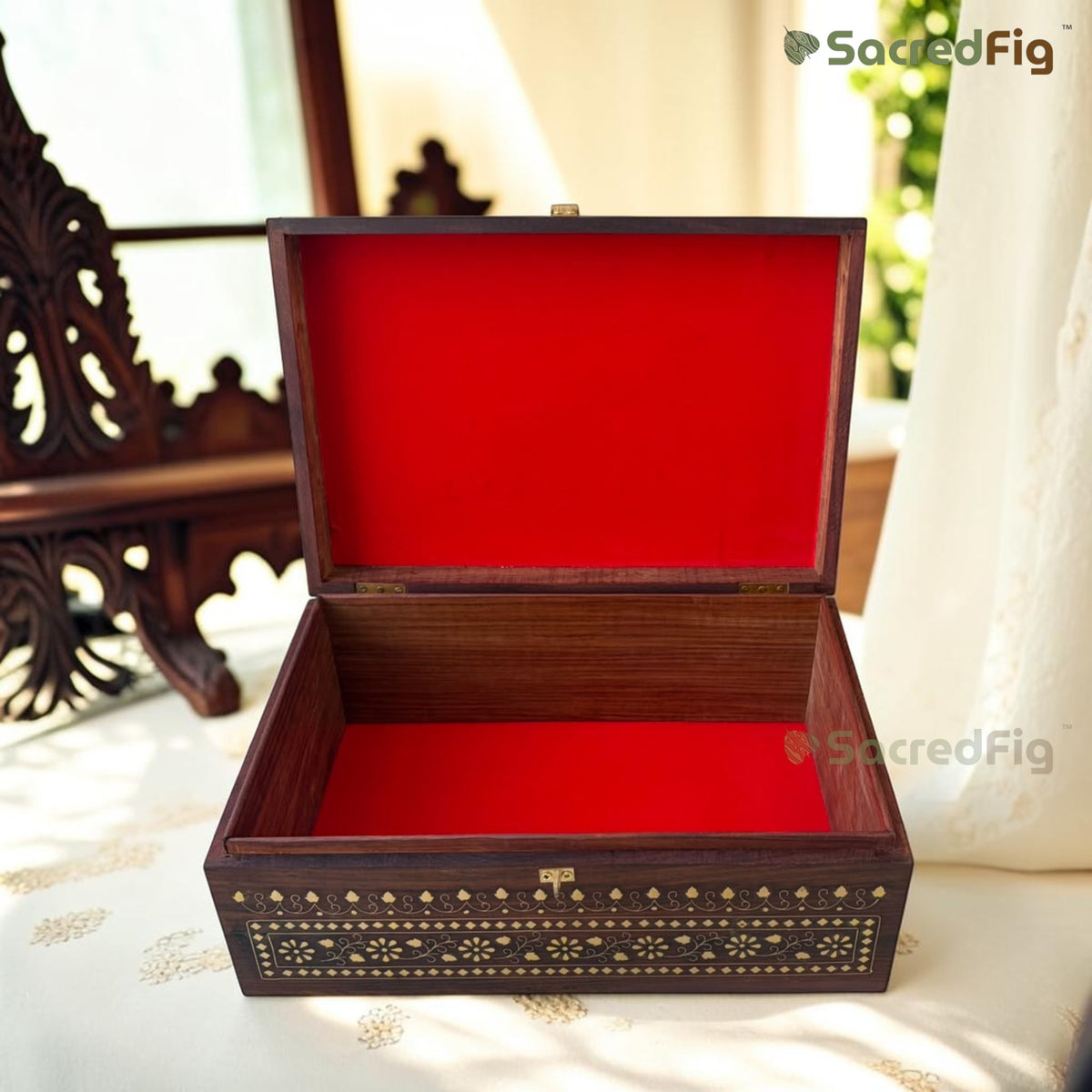 SacredFig Premium Jewellery Box – 15x10 Inch | Noor Brass Inlay Box | Handcrafted Heirloom Organizer