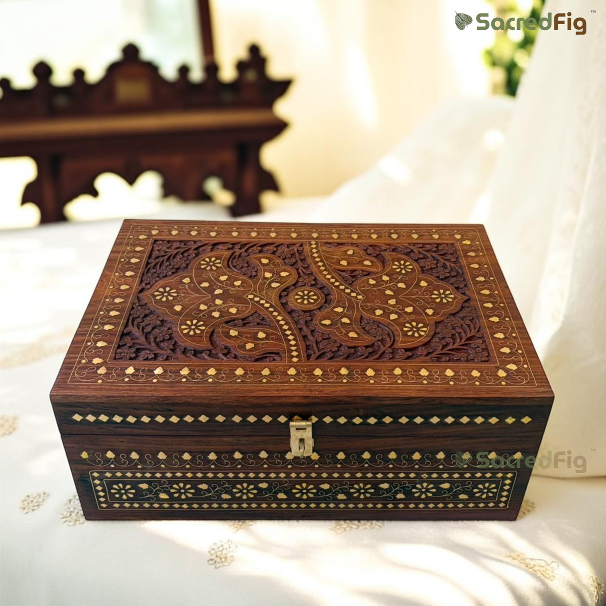 SacredFig Premium Jewellery Box – 15x10 Inch | Noor Brass Inlay Box | Handcrafted Heirloom Organizer