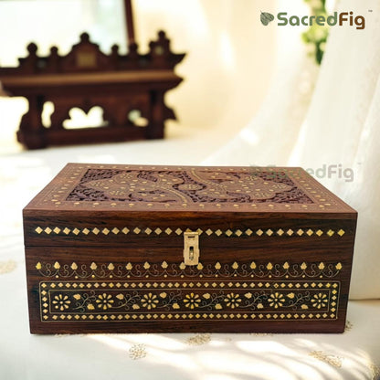 SacredFig Premium Jewellery Box – 15x10 Inch | Noor Brass Inlay Box | Handcrafted Heirloom Organizer