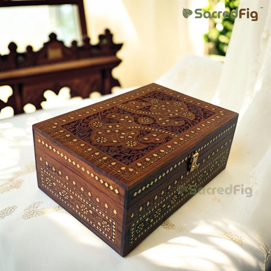 SacredFig Premium Jewellery Box – 15x10 Inch | Noor Brass Inlay Box | Handcrafted Heirloom Organizer