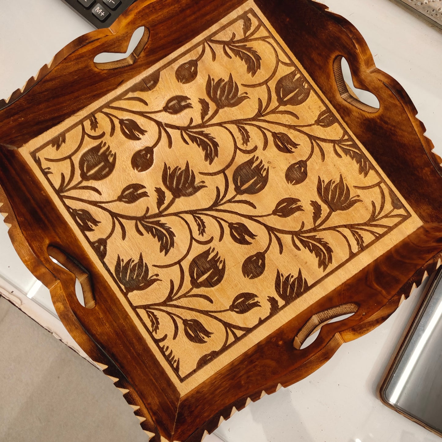 SacredFig Wooden Serving Decorative Tray Set - Floral Pattern (Pack of 3)