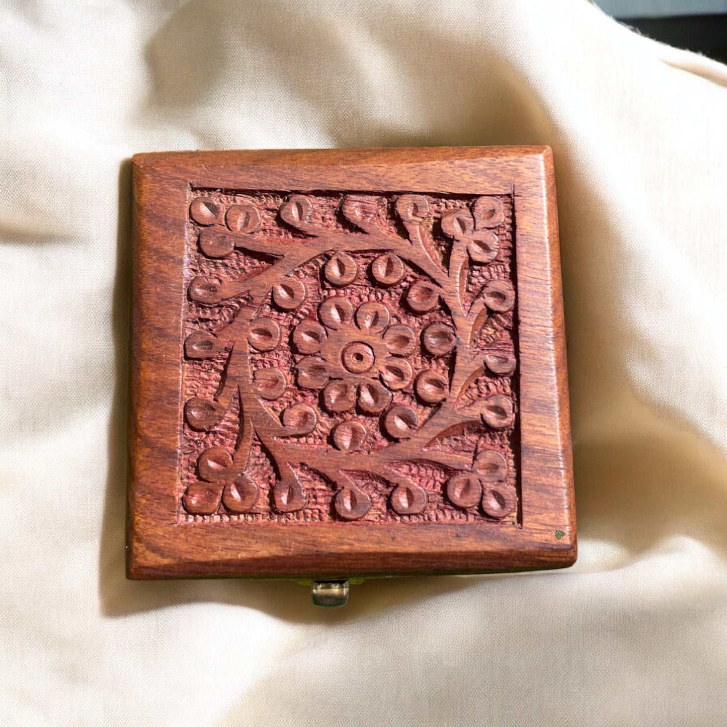 Wooden Jewelry Box with Floral Carving | Square Storage Box for Keepsakes & Gifting | 3×3 in