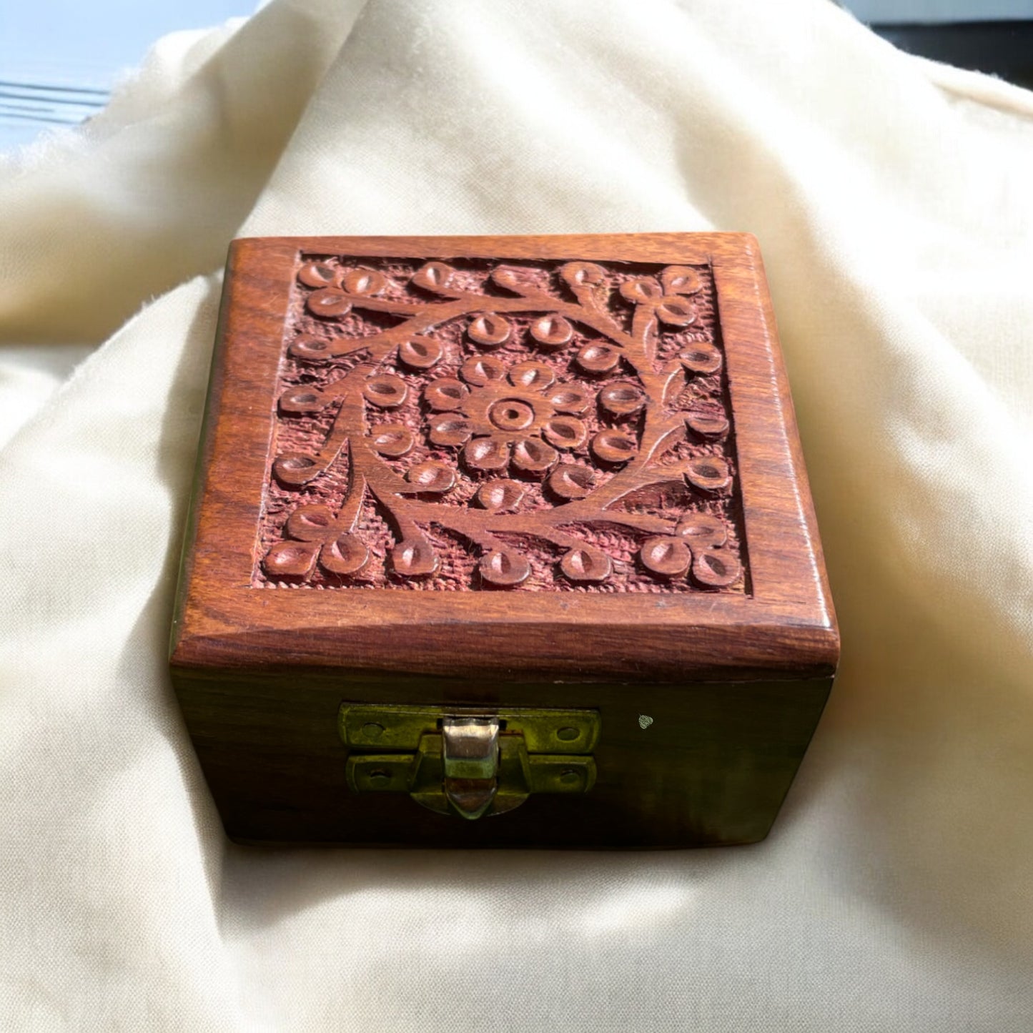 Wooden Jewelry Box with Floral Carving | Square Storage Box for Keepsakes & Gifting | 3×3 in