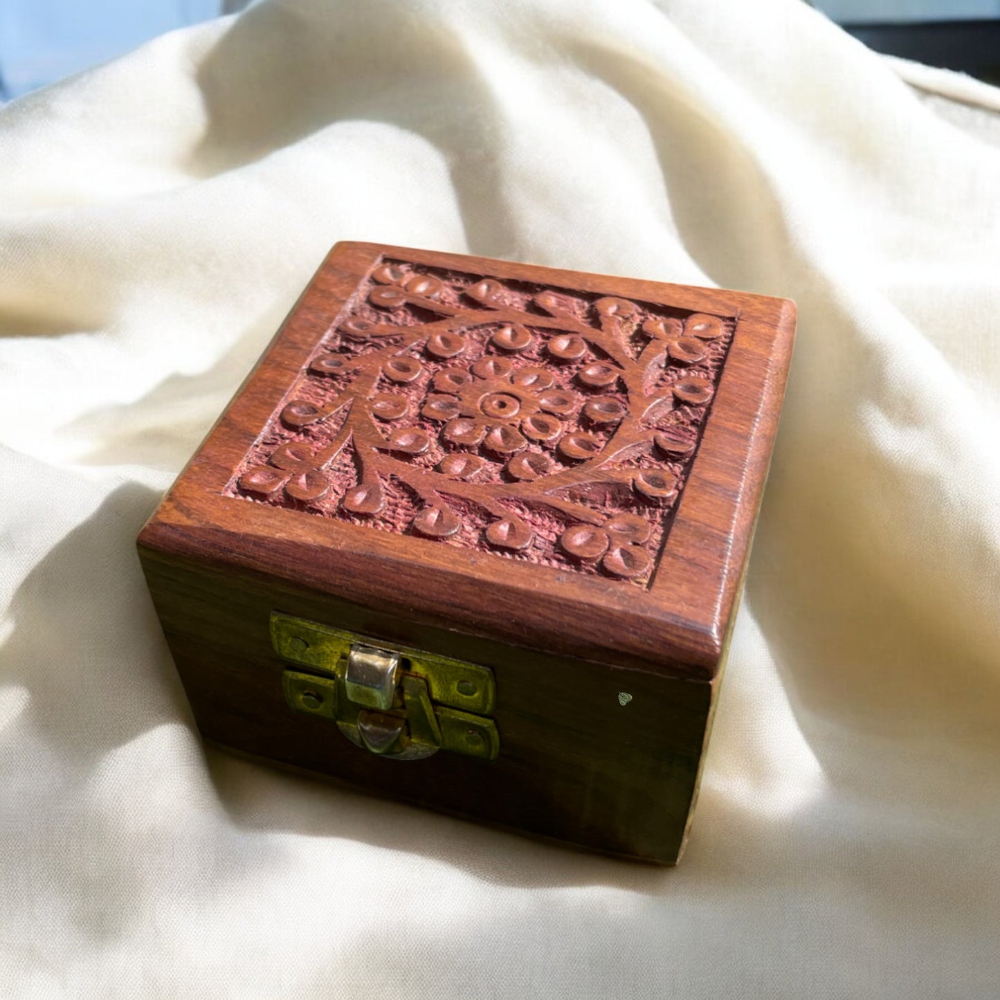 Wooden Jewelry Box with Floral Carving | Square Storage Box for Keepsakes & Gifting | 3×3 in