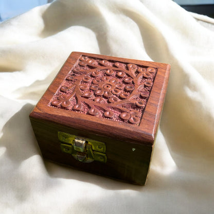 Wooden Jewelry Box with Floral Carving | Square Storage Box for Keepsakes & Gifting | 3×3 in