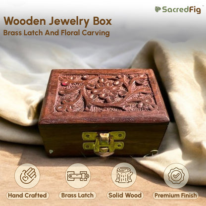 Handcarved Wooden Jewelry Box with Floral Carving & Brass Latch | Small Storage Organizer | 3×2 in |