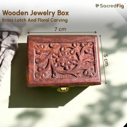Handcarved Wooden Jewelry Box with Floral Carving & Brass Latch | Small Storage Organizer | 3×2 in |