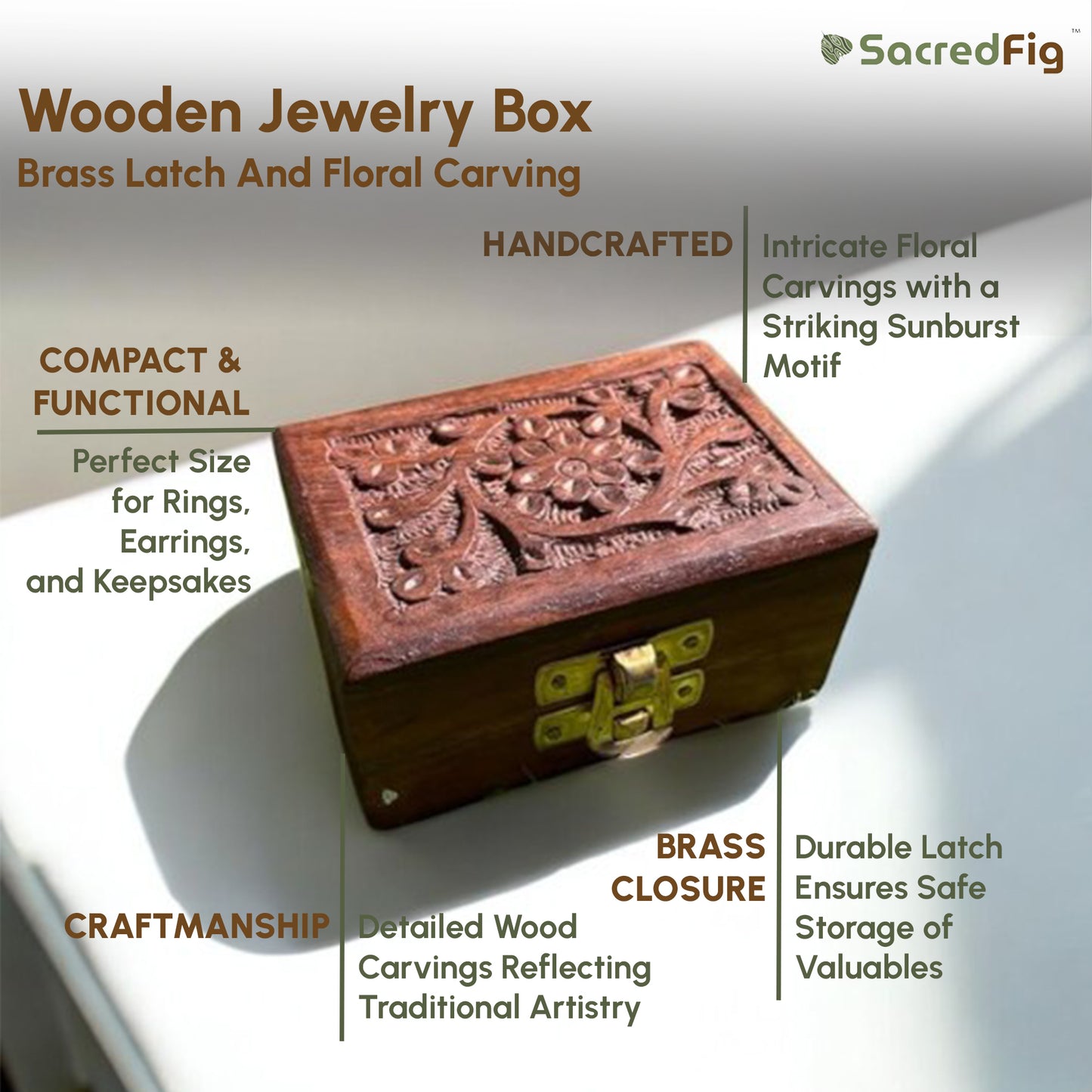 Handcarved Wooden Jewelry Box with Floral Carving & Brass Latch | Small Storage Organizer | 3×2 in |