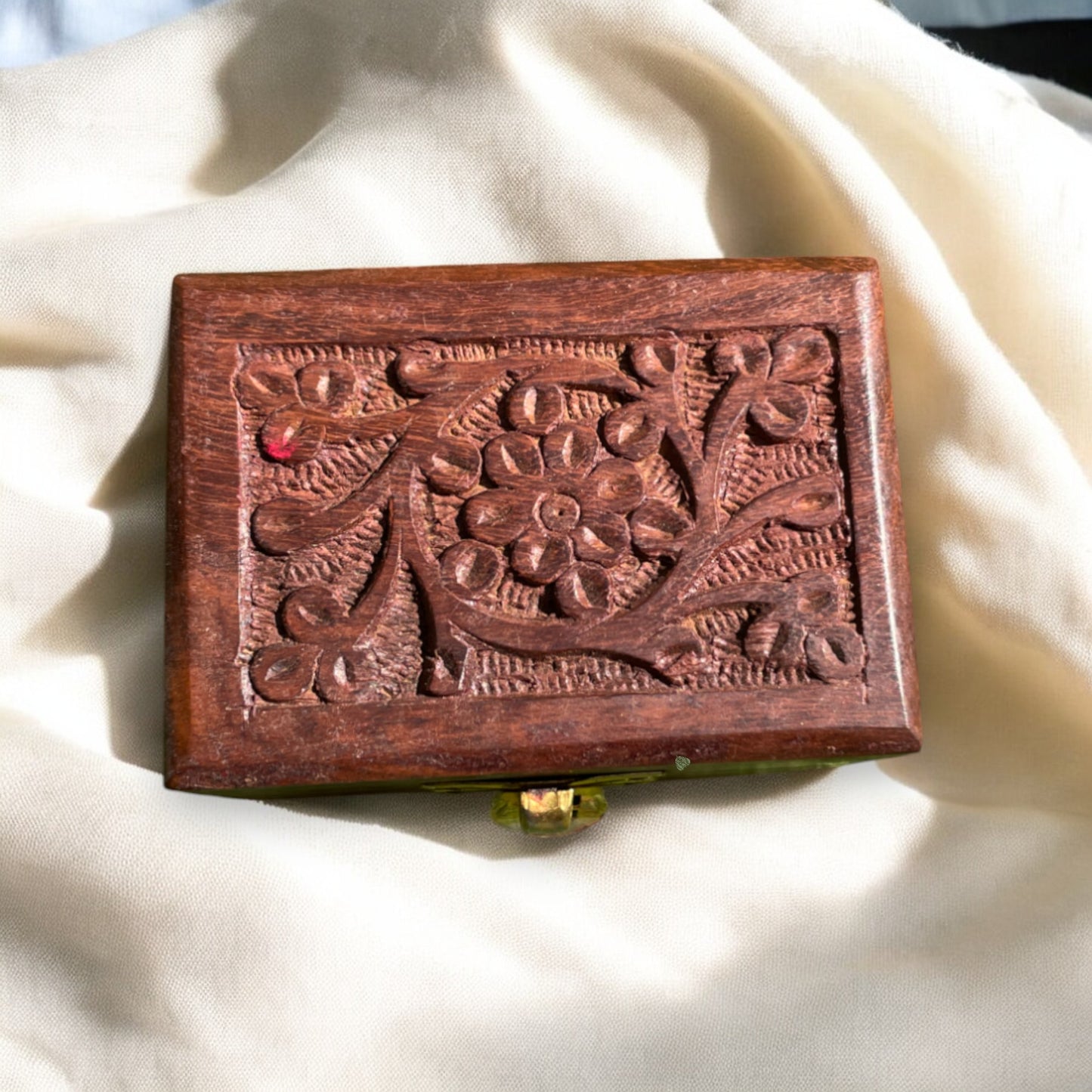 Handcarved Wooden Jewelry Box with Floral Carving & Brass Latch | Small Storage Organizer | 3×2 in |