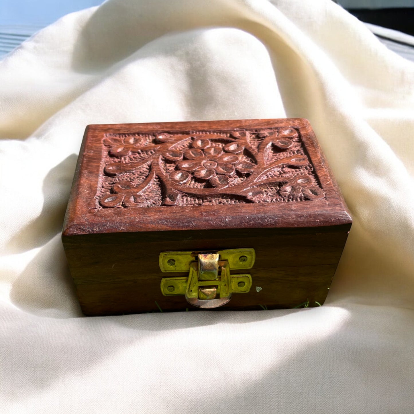 Handcarved Wooden Jewelry Box with Floral Carving & Brass Latch | Small Storage Organizer | 3×2 in |