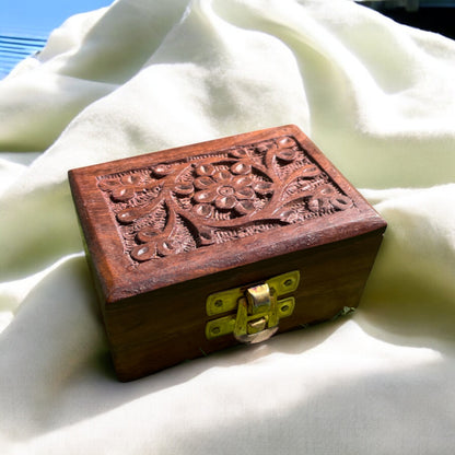 Handcarved Wooden Jewelry Box with Floral Carving & Brass Latch | Small Storage Organizer | 3×2 in |